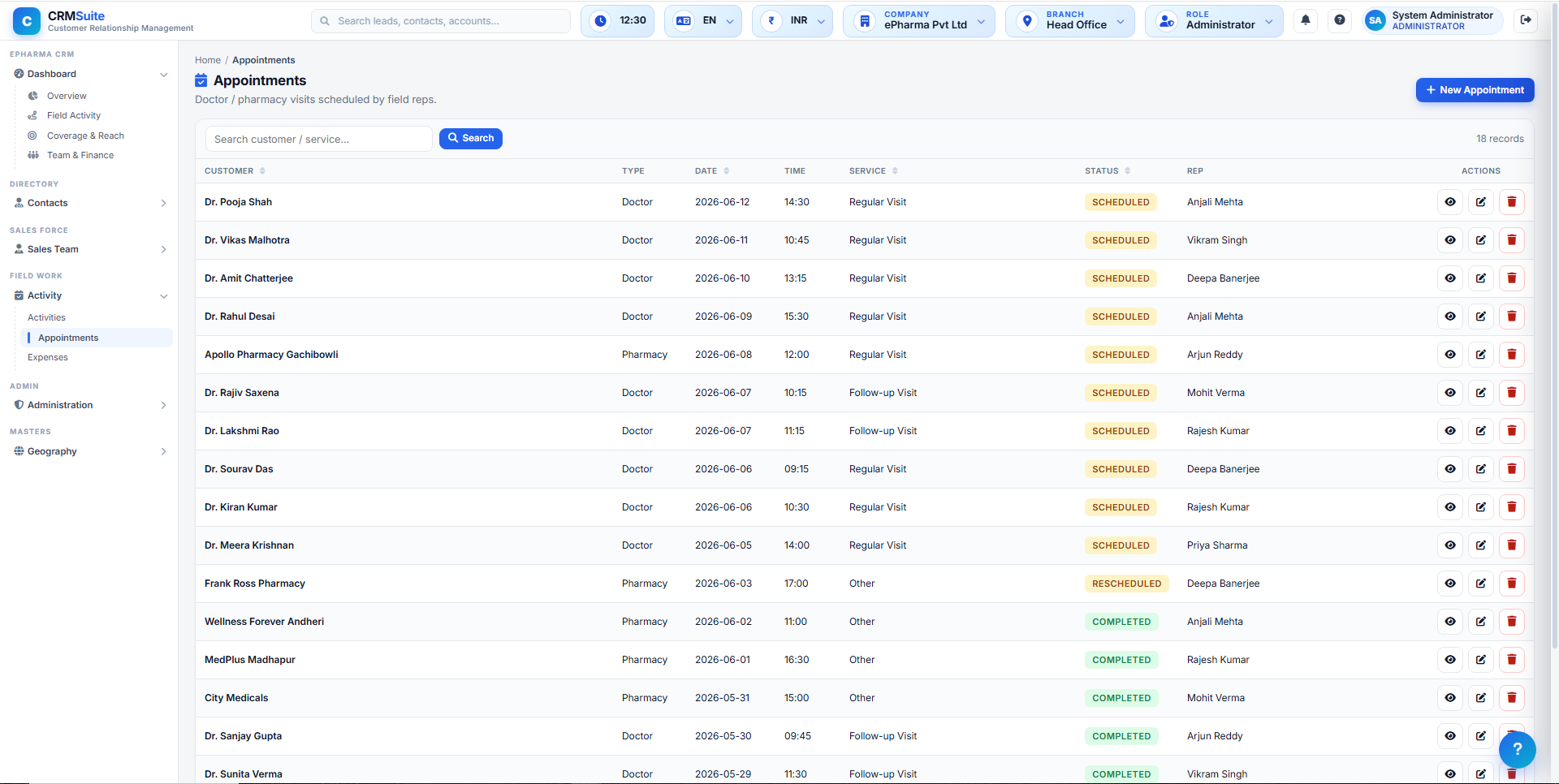 ePharma CRM appointments and day planning