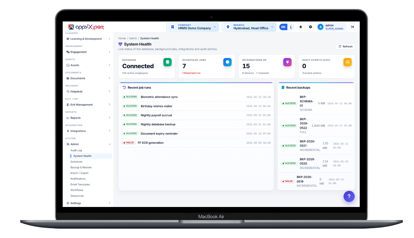 System health screen showing database, jobs, integrations and audit activity