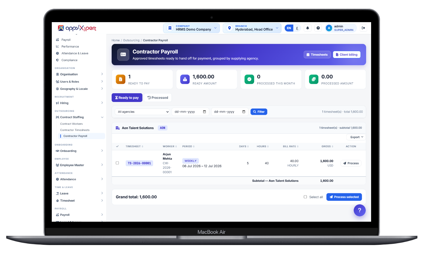 Contractor payroll screen showing approved timesheets by agency