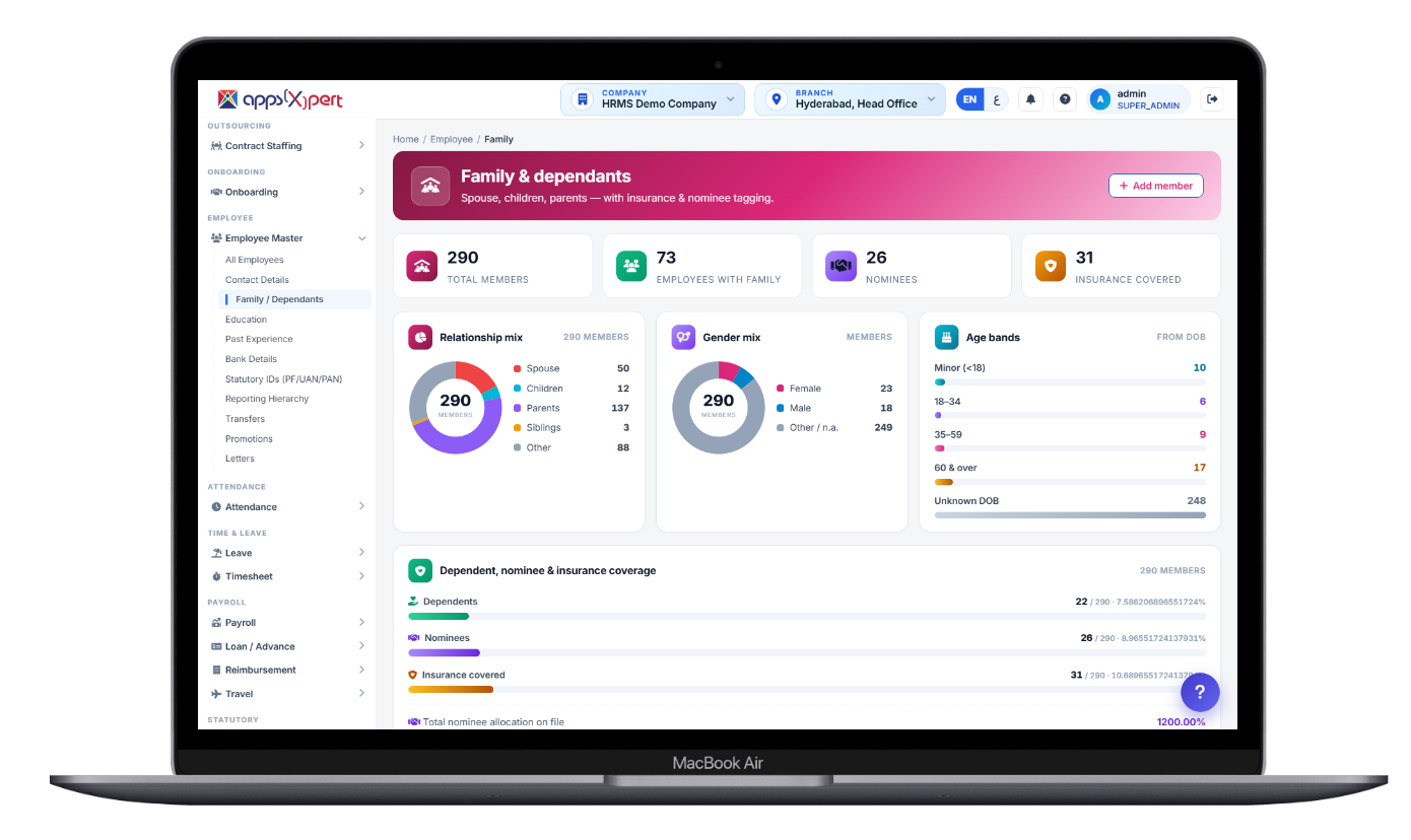 Employee family and dependants screen with insurance and nominee tagging