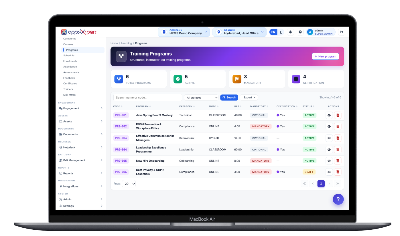 Training programs screen listing instructor-led programs and certification