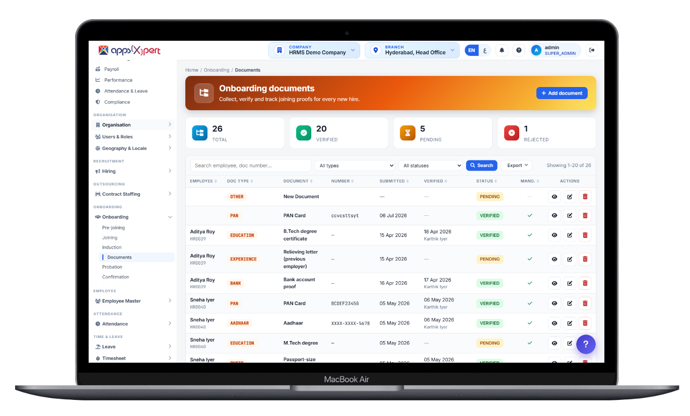Onboarding documents screen tracking joining proofs for new hires