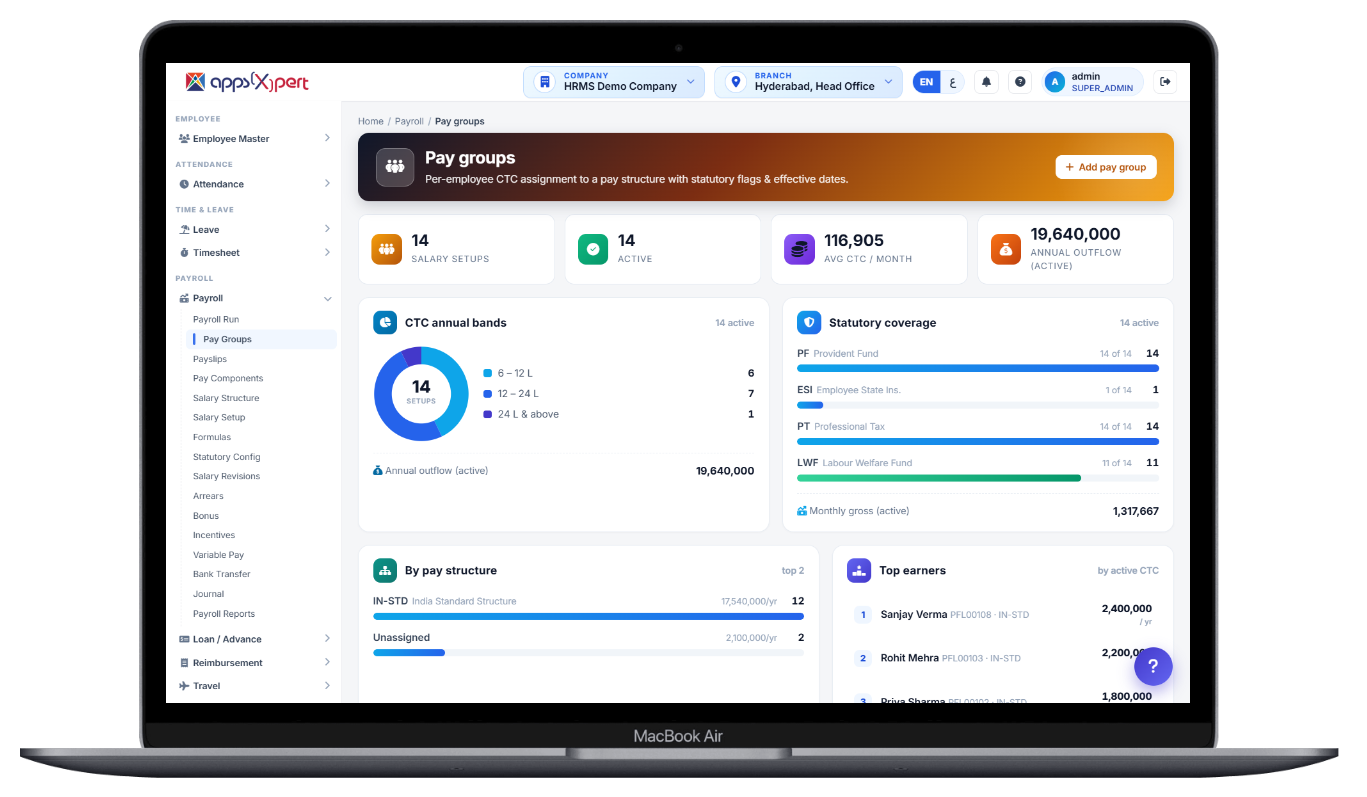 Payroll pay groups screen with CTC assignment and statutory flags