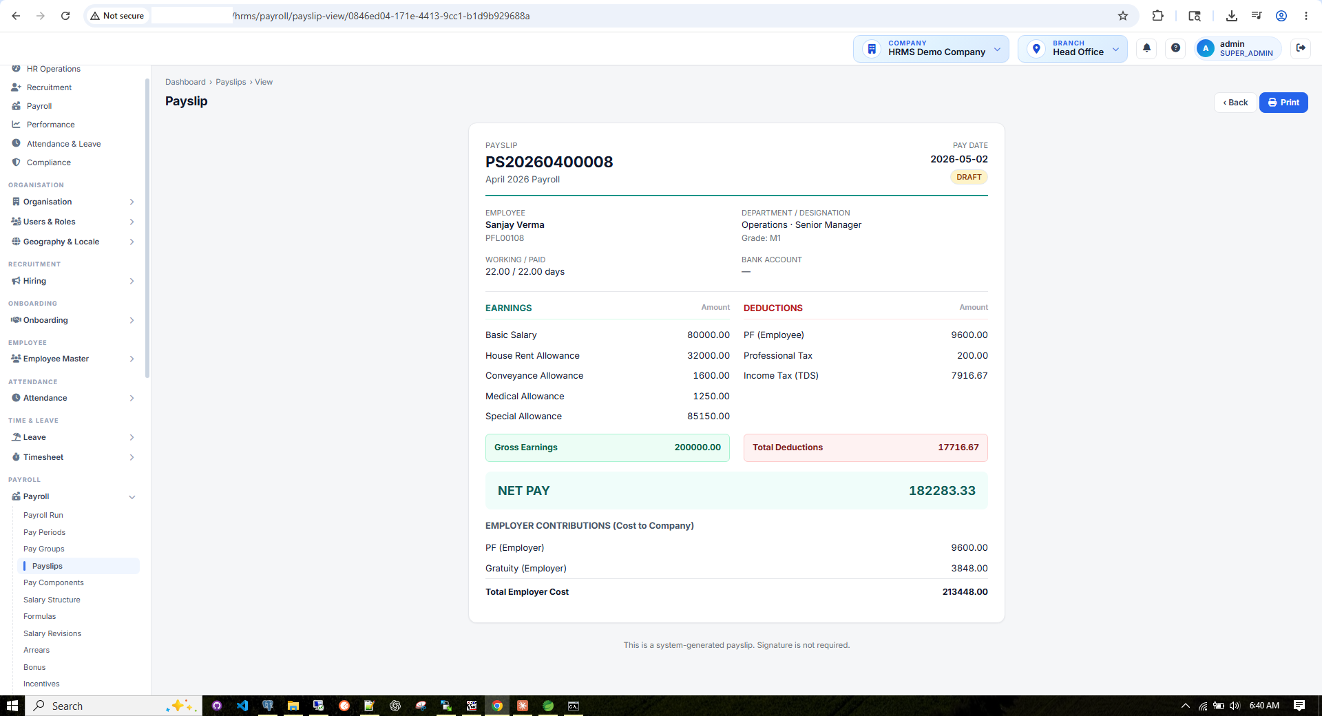 HRMS Payslip — earnings, deductions, statutory, YTD totals and net pay