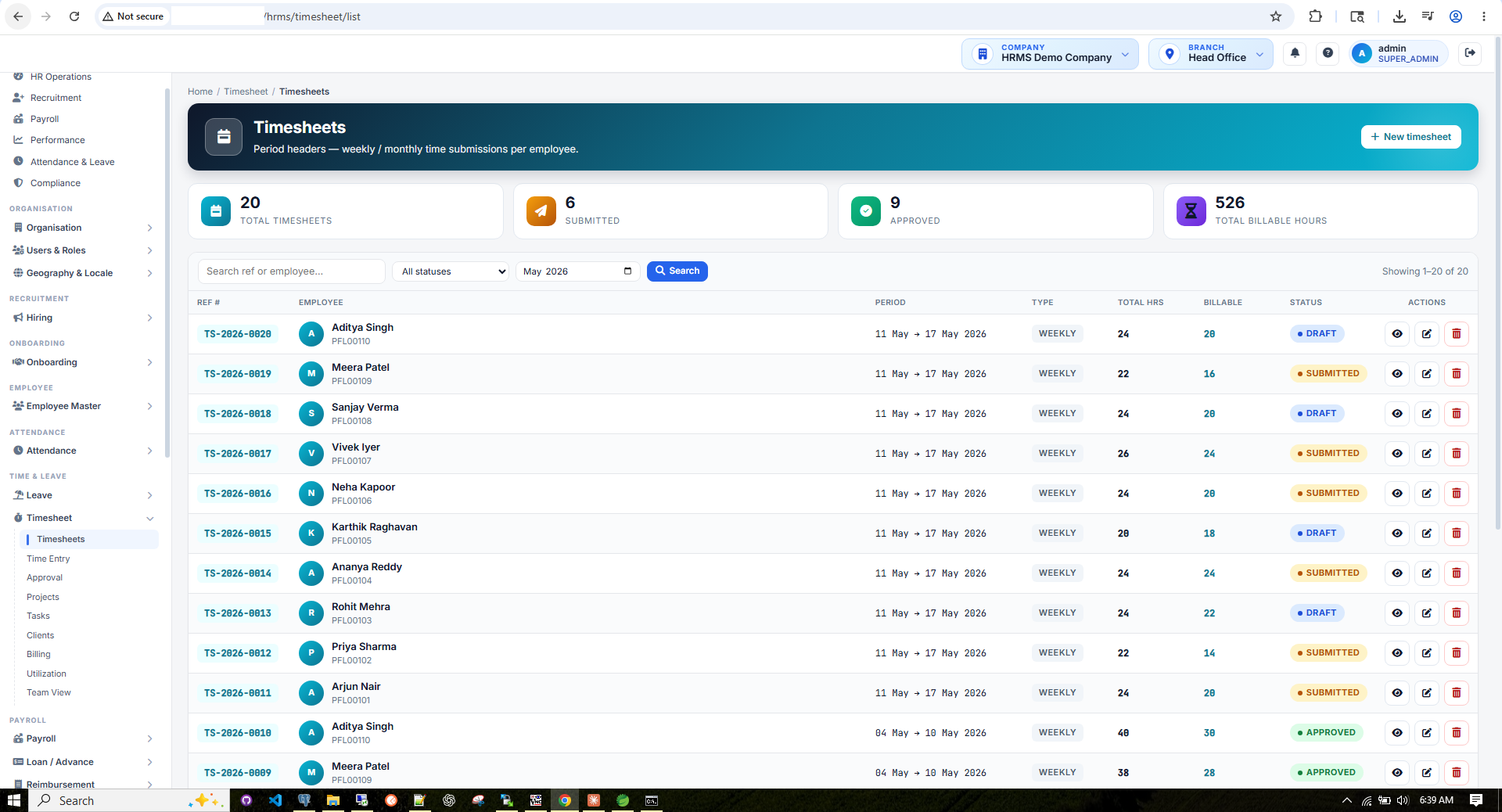 HRMS Timesheet — weekly grid with projects, hours and billing status